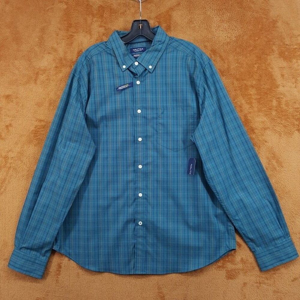 NAUTICA Button Shirt Mens XL Blue Plaid Button Down Pocket Logo Classic Fit FLEX
